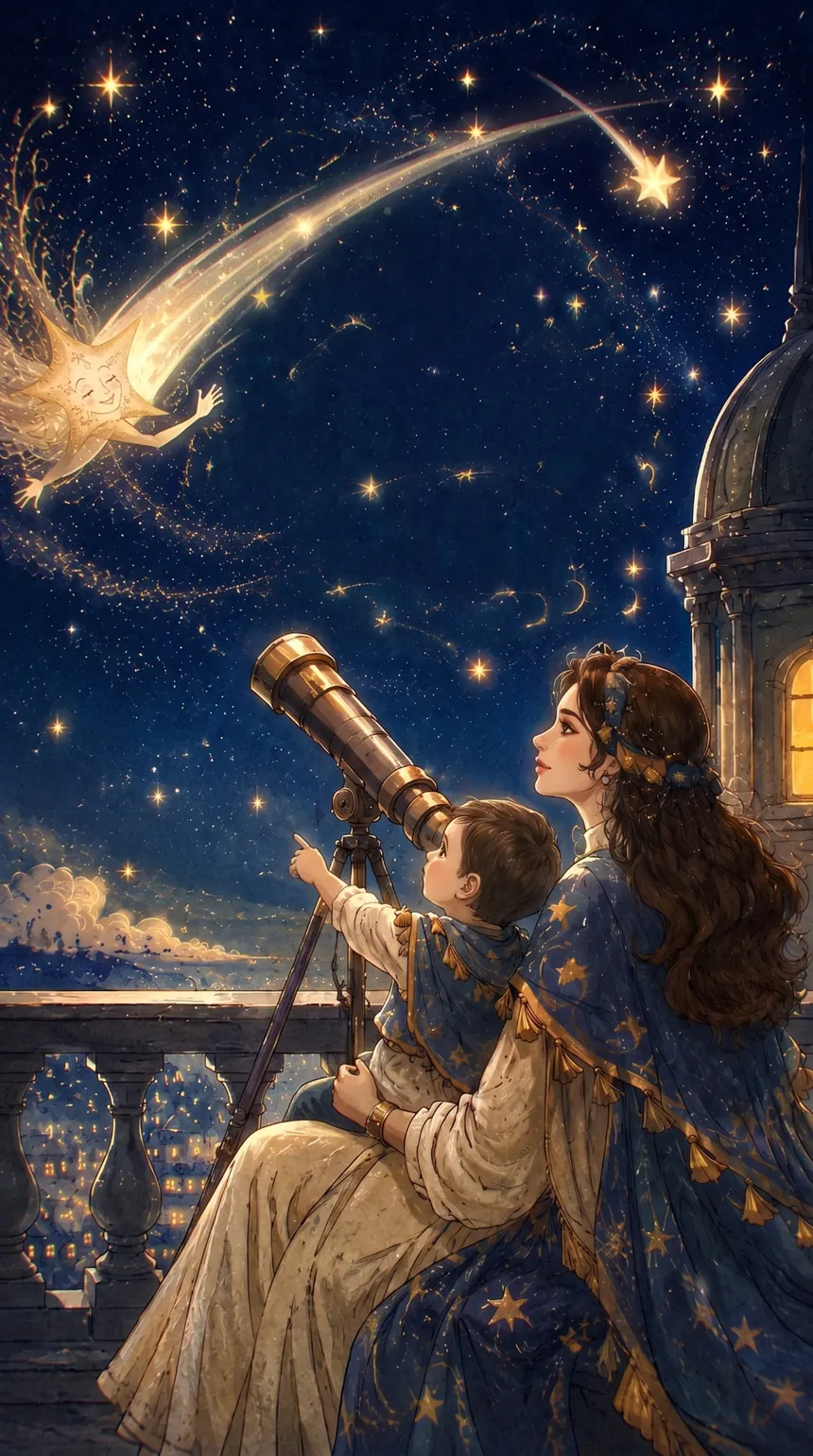 Mother and child looking at the stars through a telescope