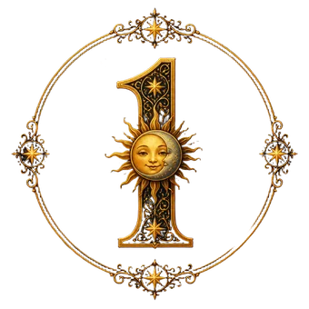 Ornate number one with a celestial sun-moon